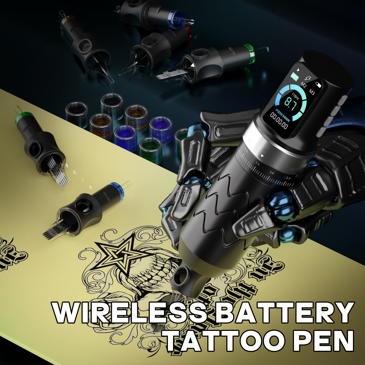 POSEIDON Wireless Tattoo Pen—OLED Display, Smart Memory