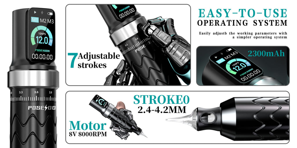 POSEIDON Wireless Tattoo Pen—OLED Display, Smart Memory