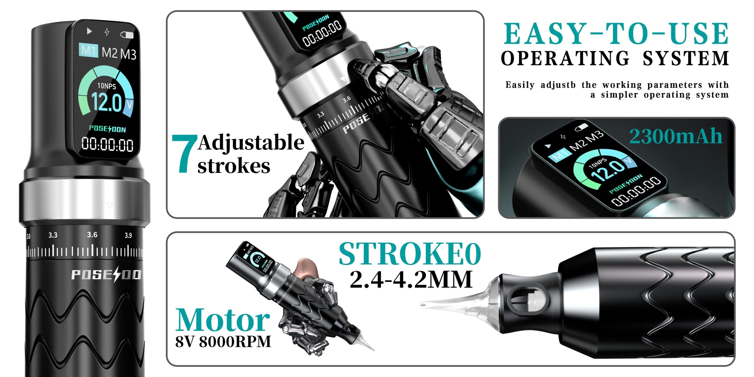 POSEIDON Wireless Tattoo Pen—OLED Display, Smart Memory