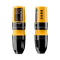 Front and rear views of a yellow and black Poseidon BEE wireless tattoo pen