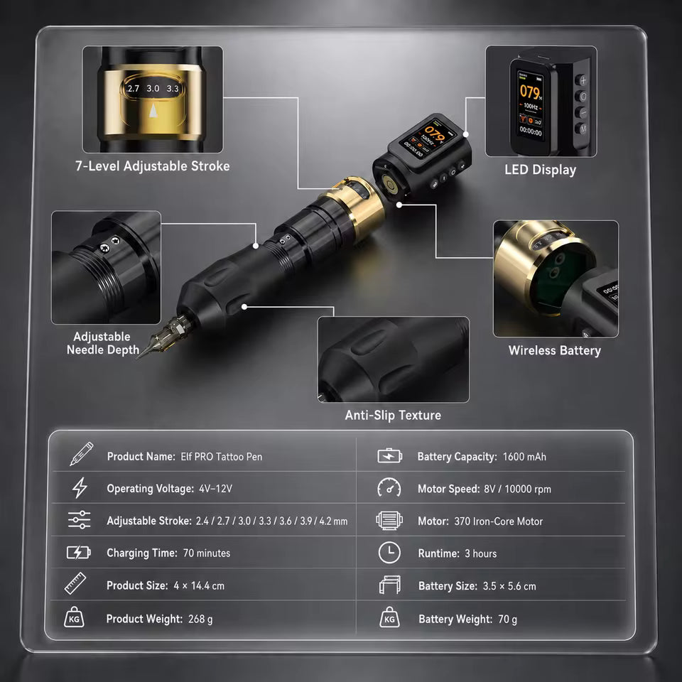 Ofeyle ELF Pro Adjustable Stroke Wireless Tattoo Pen Base Kit