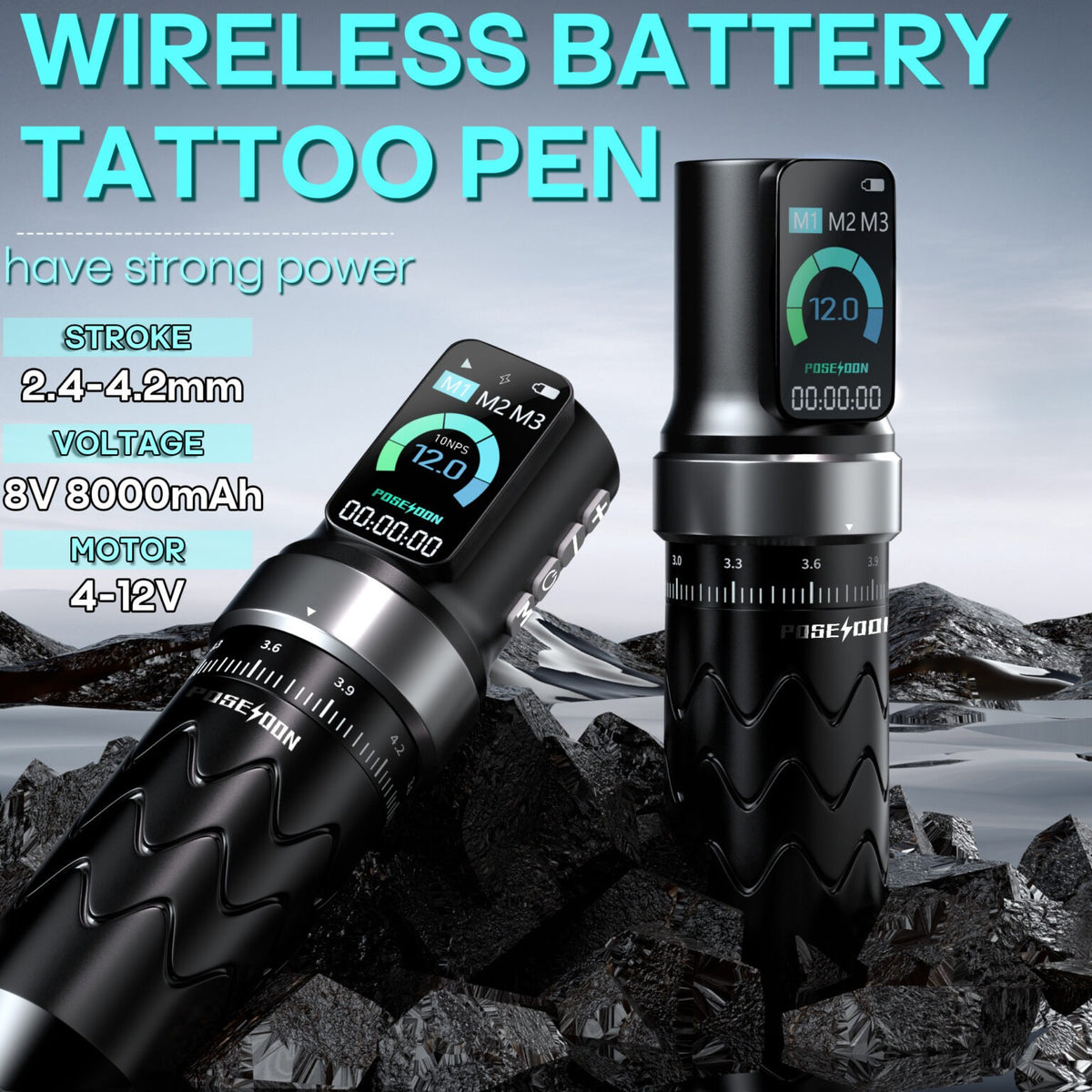 POSEIDON Wireless Tattoo Pen—OLED Display, Smart Memory