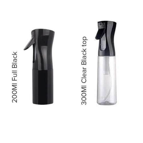 Black 200ml and clear 300ml mist spray bottles shown side by side