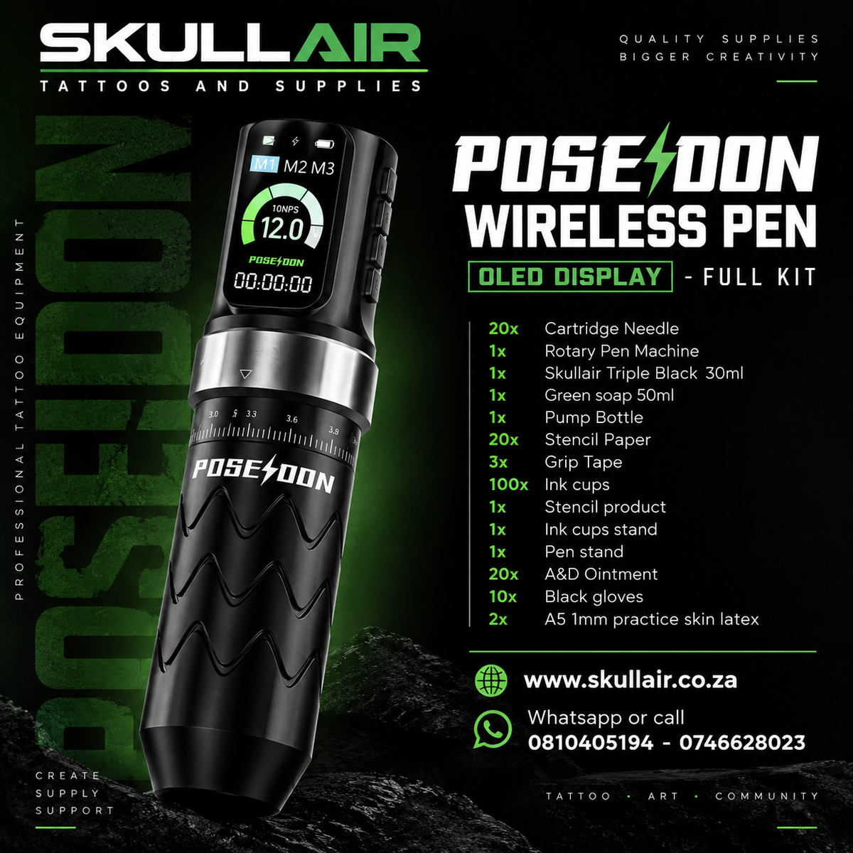 Poseidon OLED wireless tattoo pen full kit promotional panel