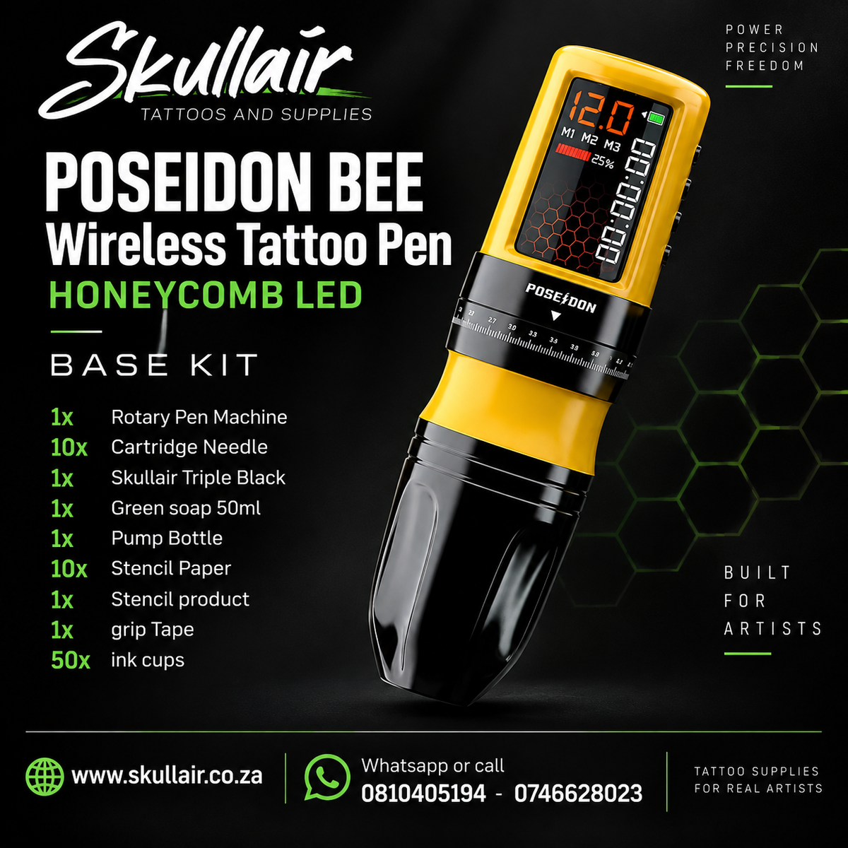 Yellow Poseidon BEE wireless tattoo pen base kit promotional graphic