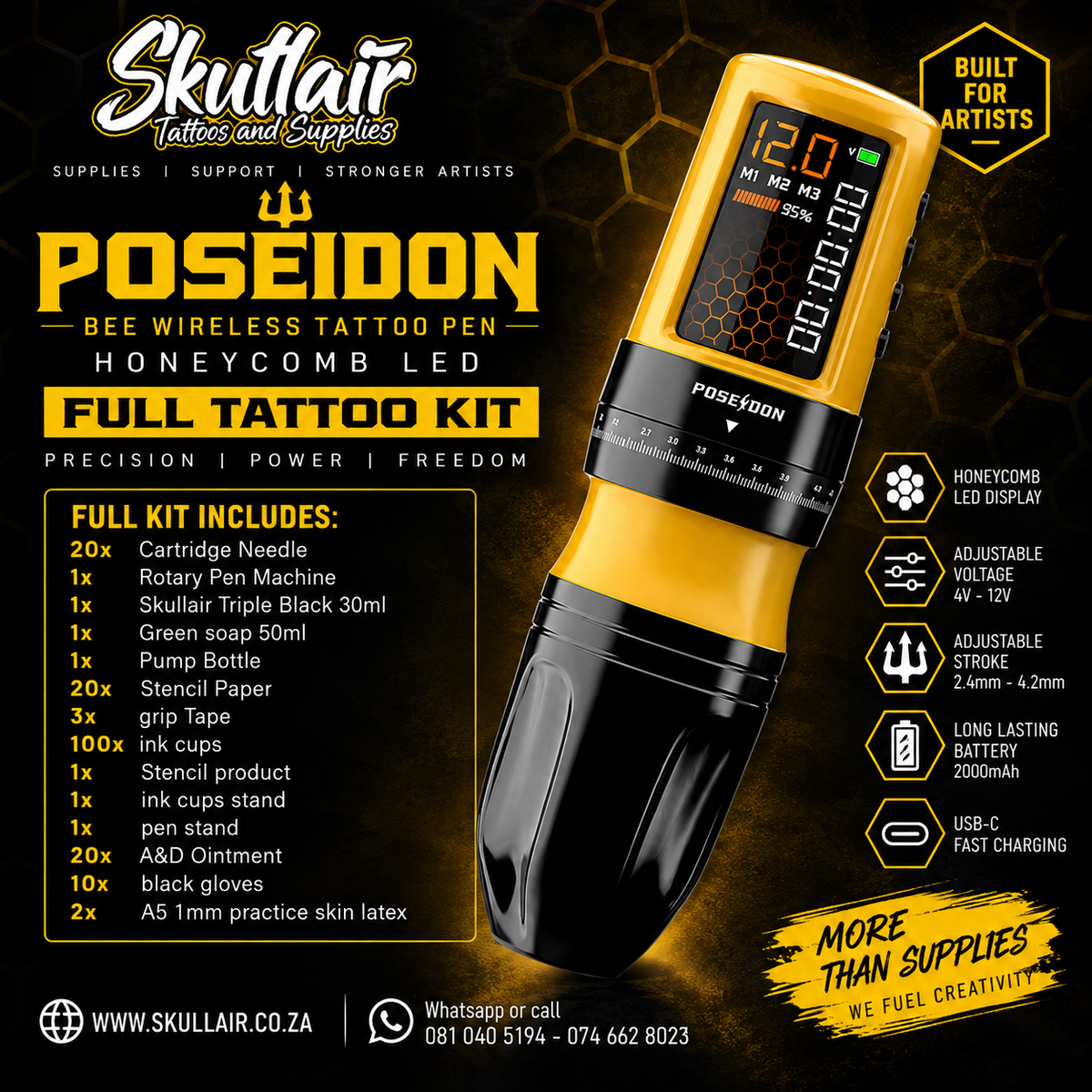 Yellow Poseidon BEE wireless tattoo pen full kit promotional graphic