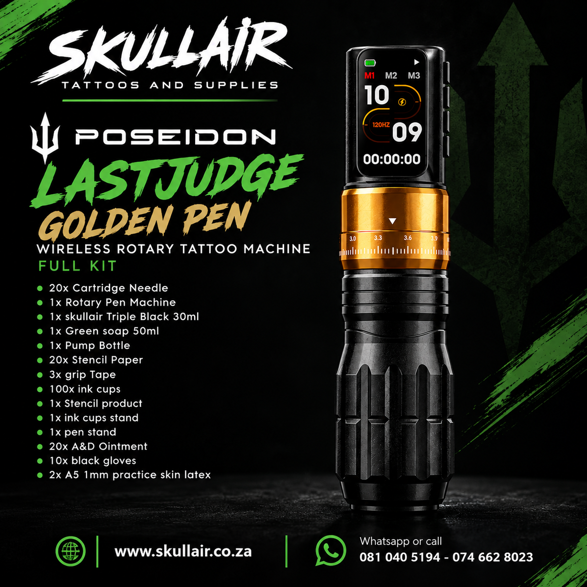 Gold Poseidon Last Judge tattoo pen full kit promotional graphic