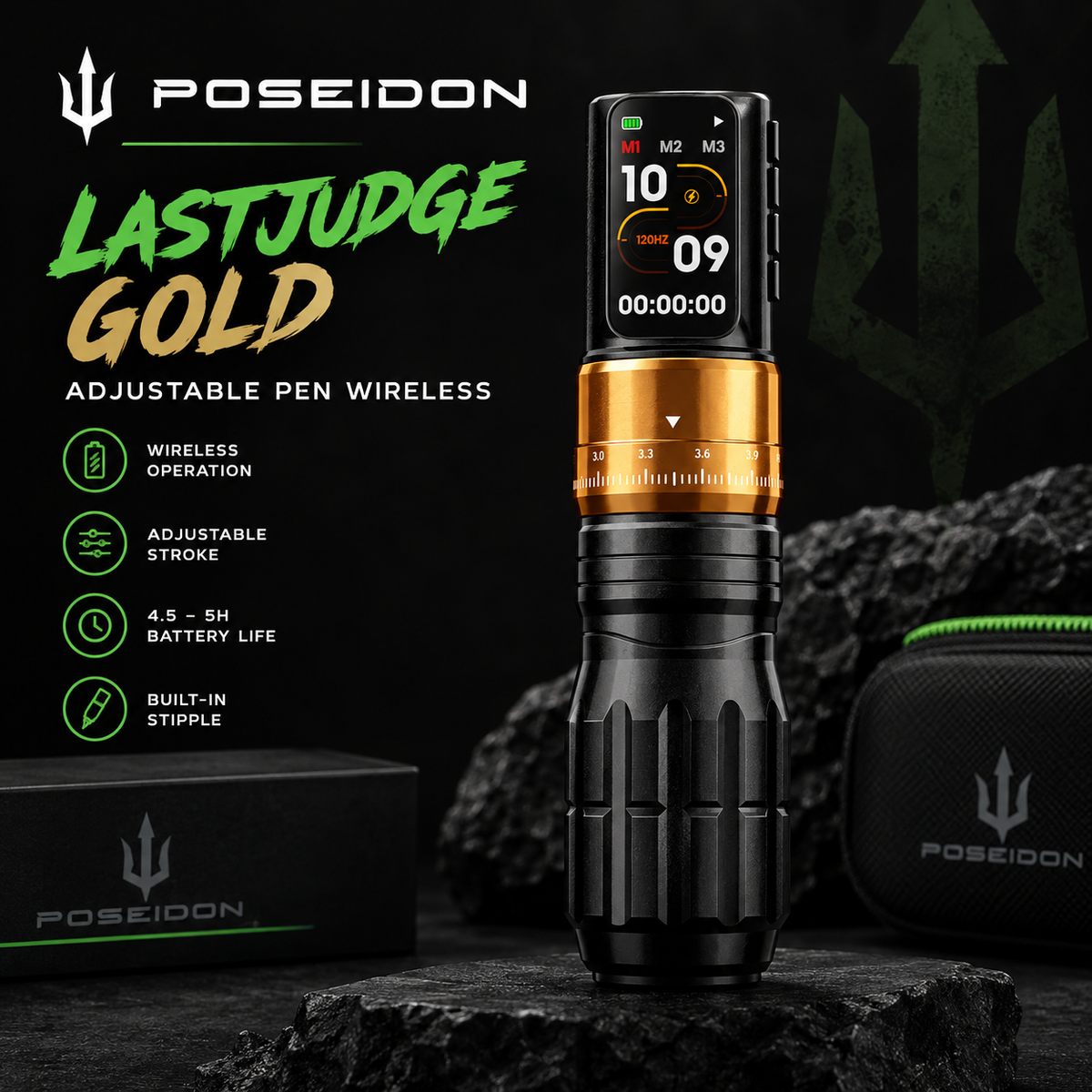 Gold Poseidon Last Judge wireless tattoo pen on a dark feature graphic