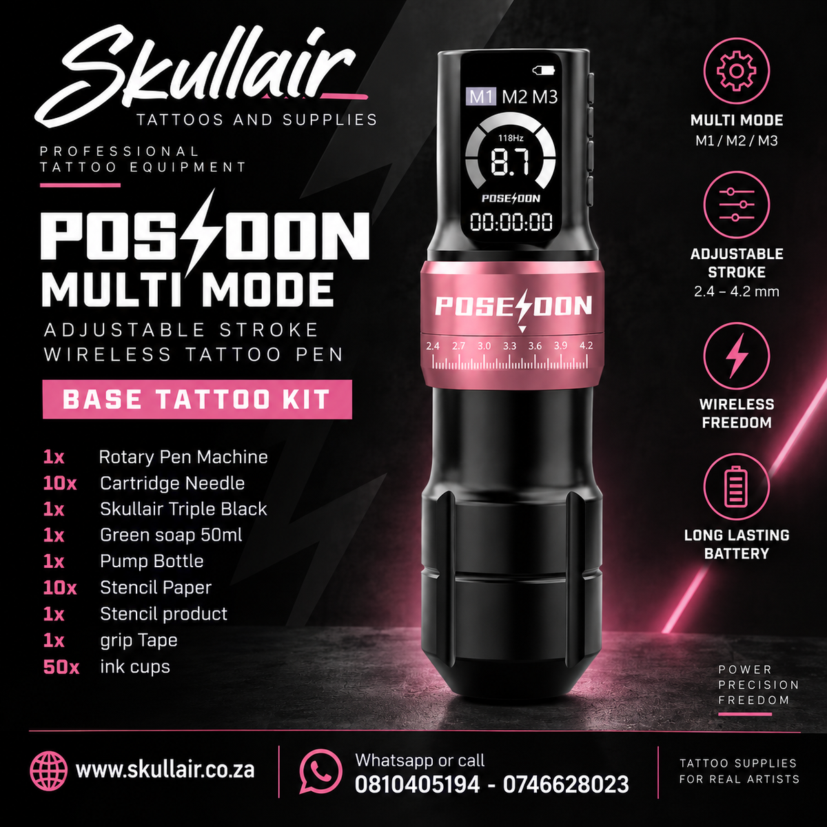 Poseidon Multi-Mode wireless tattoo pen base kit promotional graphic