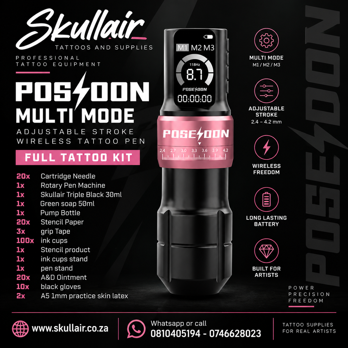 Poseidon Multi-Mode wireless tattoo pen full kit promotional graphic