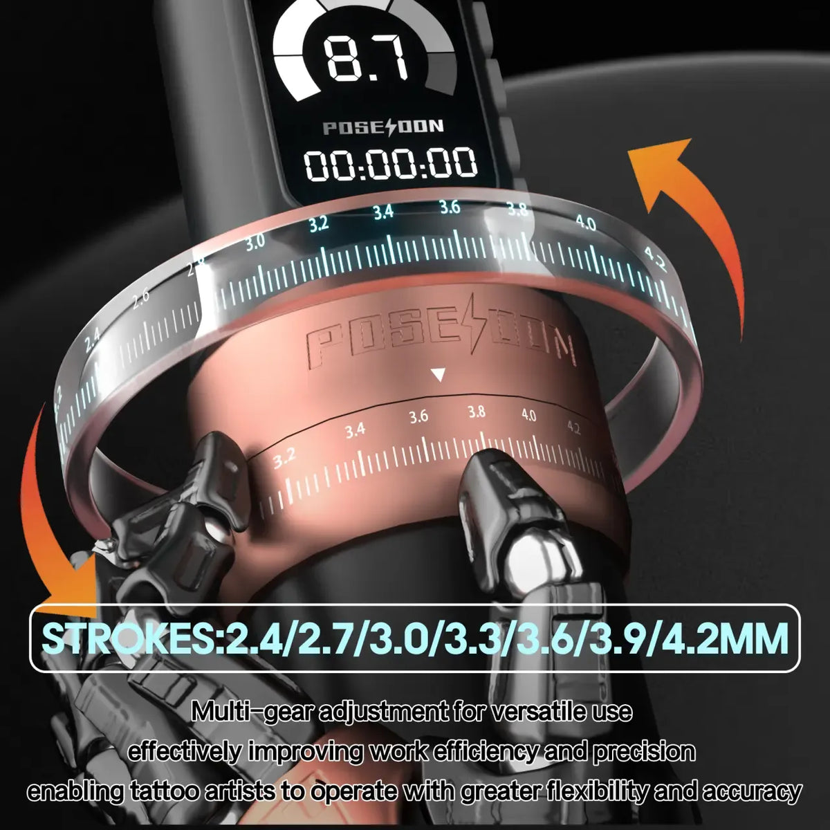 Close-up of Poseidon Multi-Mode tattoo pen stroke adjustment ring