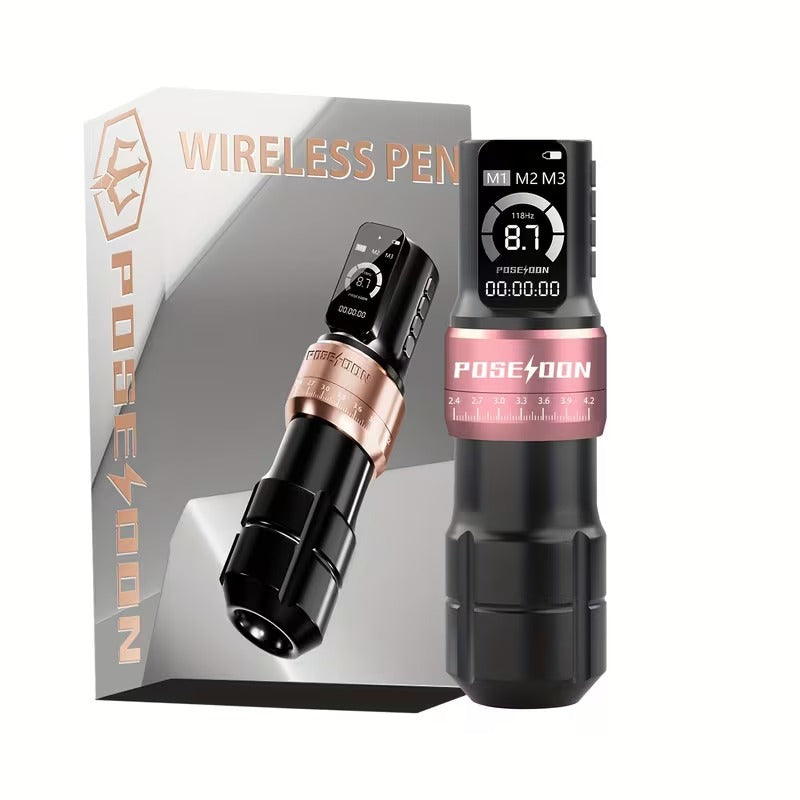 Black and rose-gold Poseidon Multi-Mode tattoo pen beside its retail box