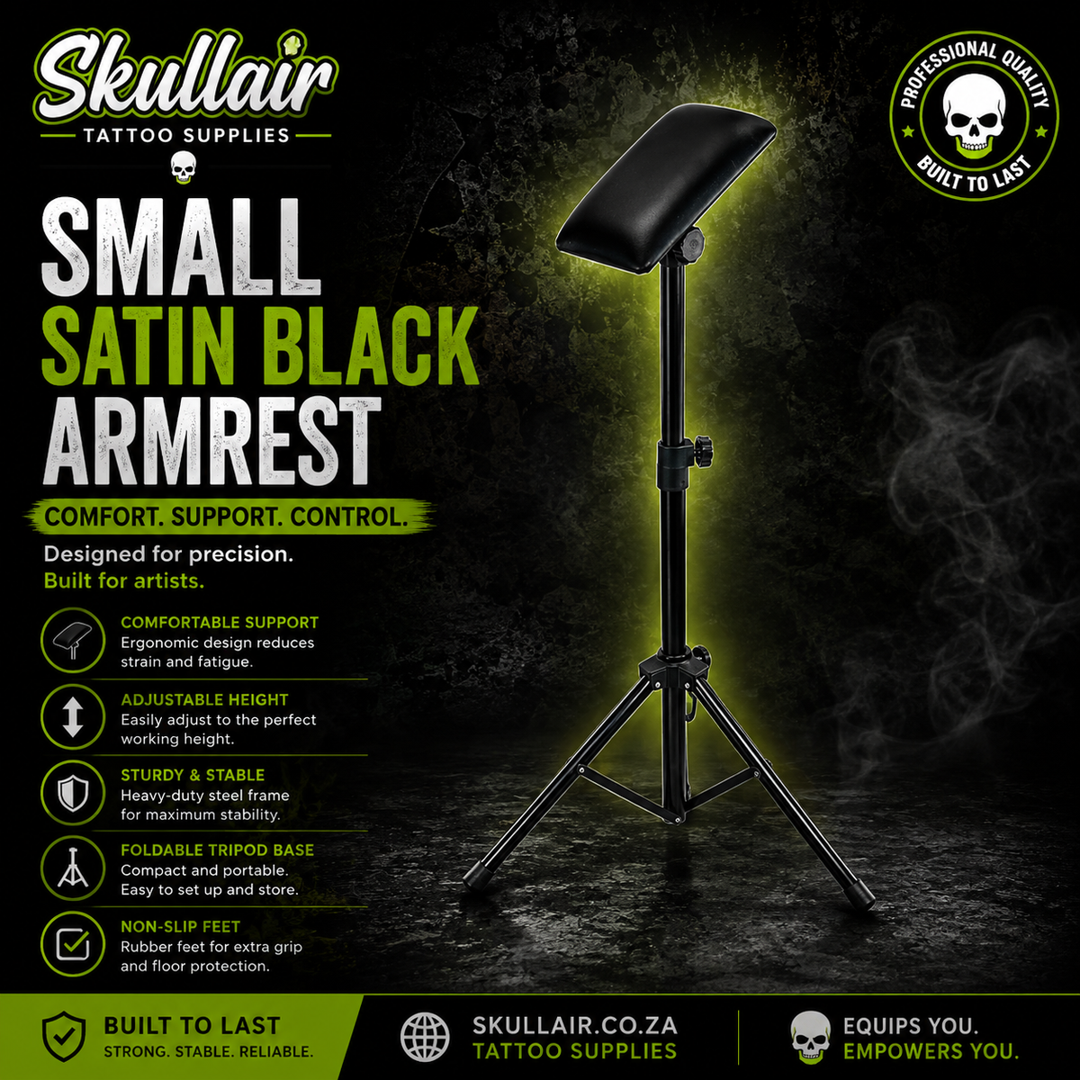 Small black padded tattoo armrest on an adjustable tripod stand