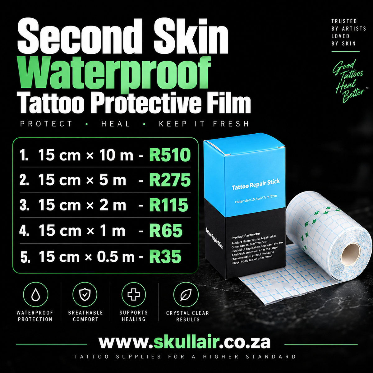 Second Skin tattoo protective film box and roll with length options
