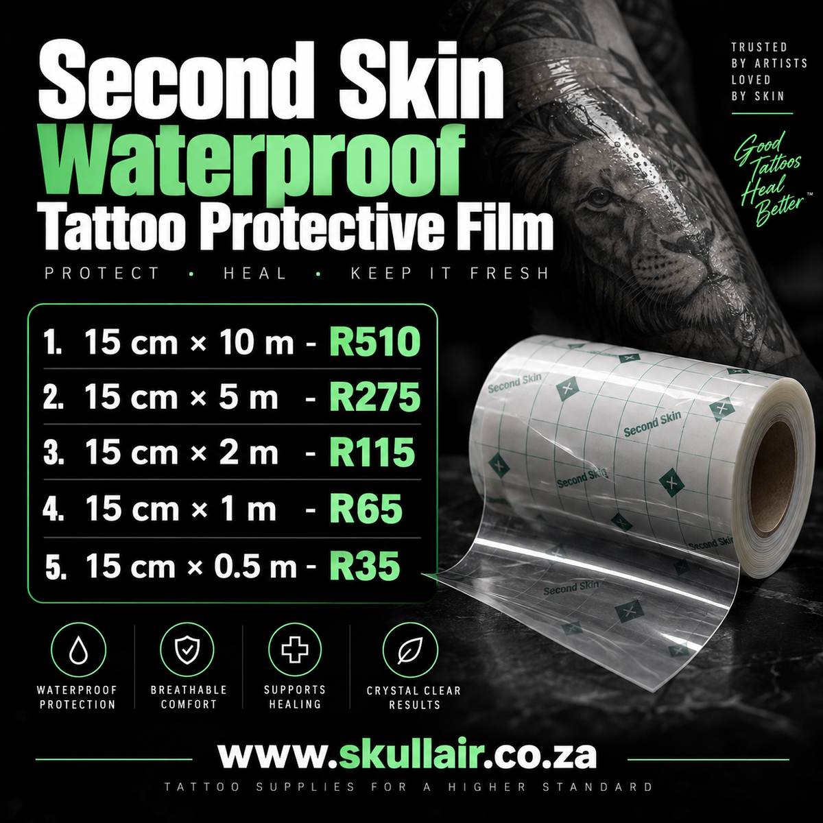 Second Skin tattoo protective film roll with available lengths listed