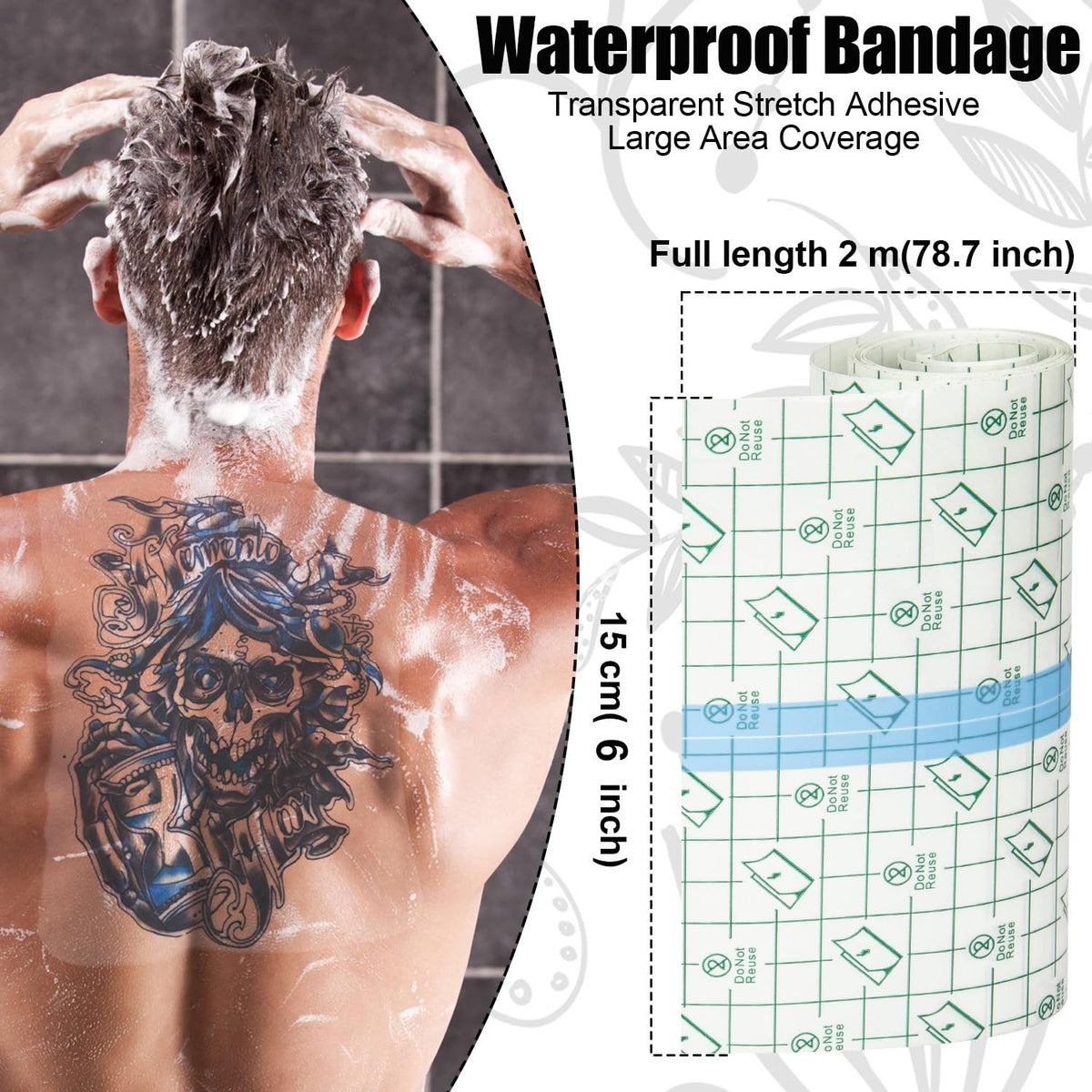 Tattoo protective film roll beside a photo of film covering a back tattoo