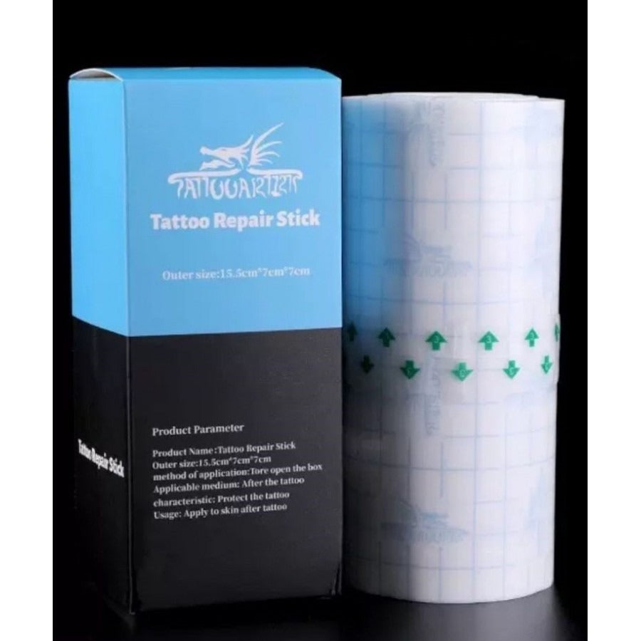 Tattoo protective film roll standing beside its blue and black retail box