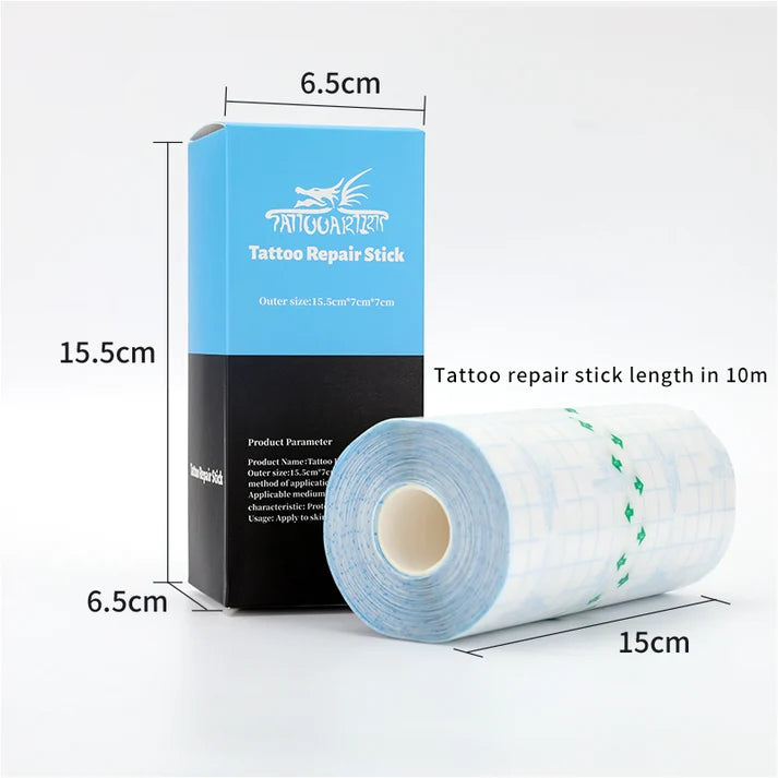 Tattoo protective film box and roll with size measurements shown