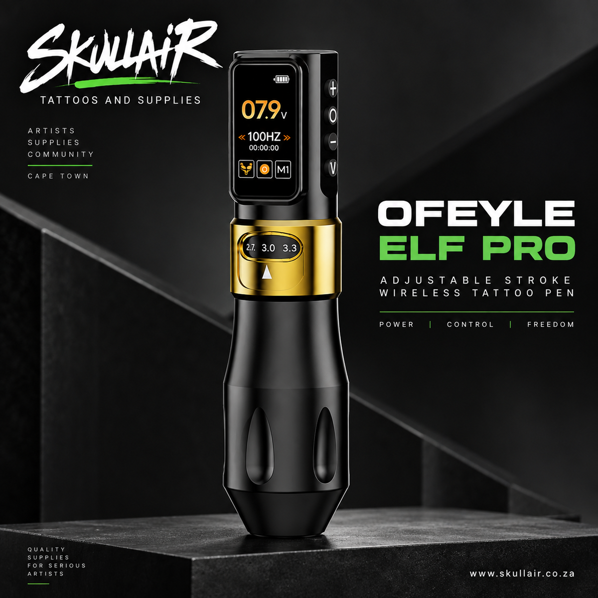 Gold and black Ofeyle ELF Pro tattoo pen on a dark feature graphic