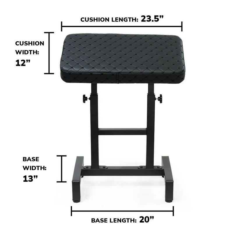 Black tattoo armrest with cushion and base measurements marked