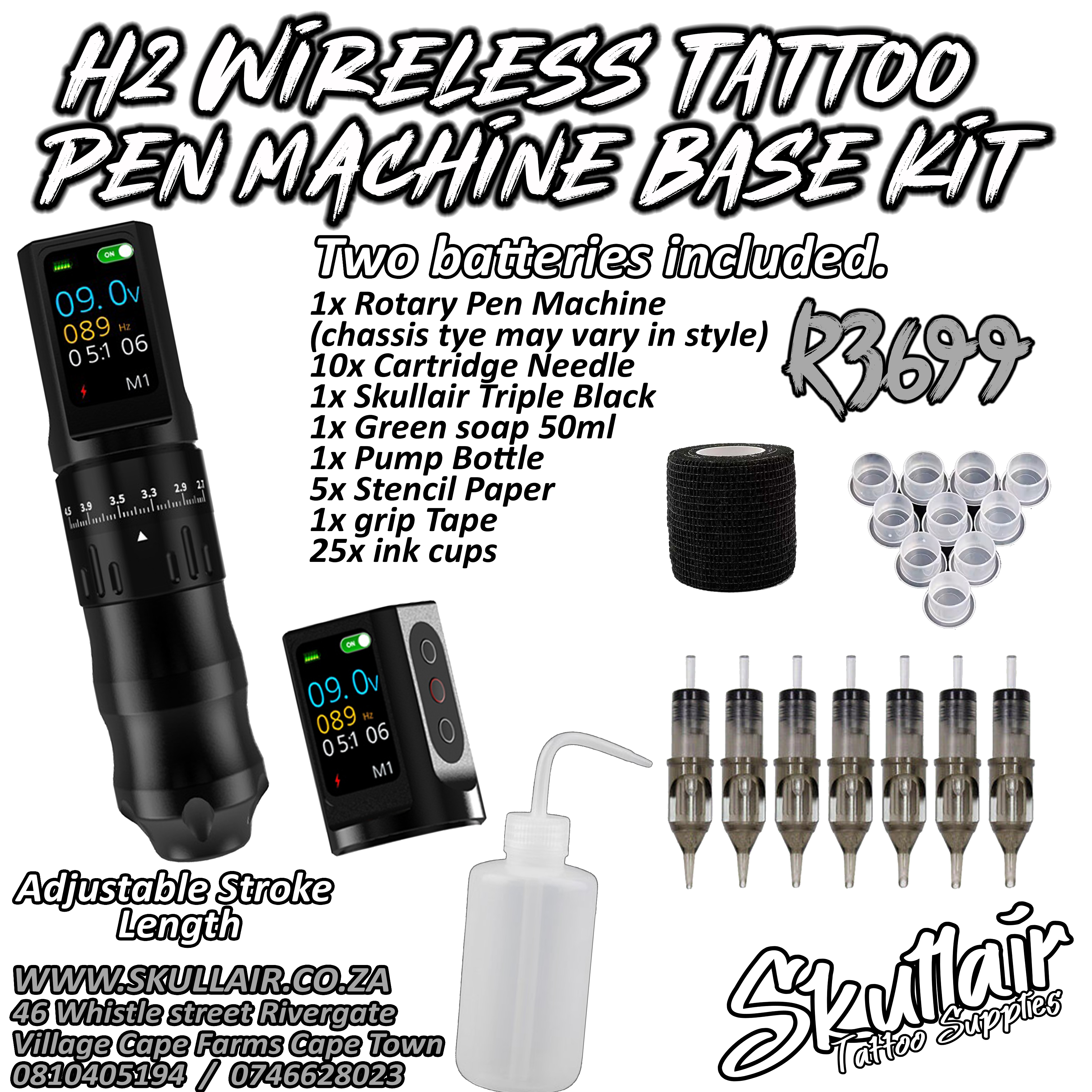 H2 Adjustable Stroke Length Wireless Tattoo Pen Base Kit