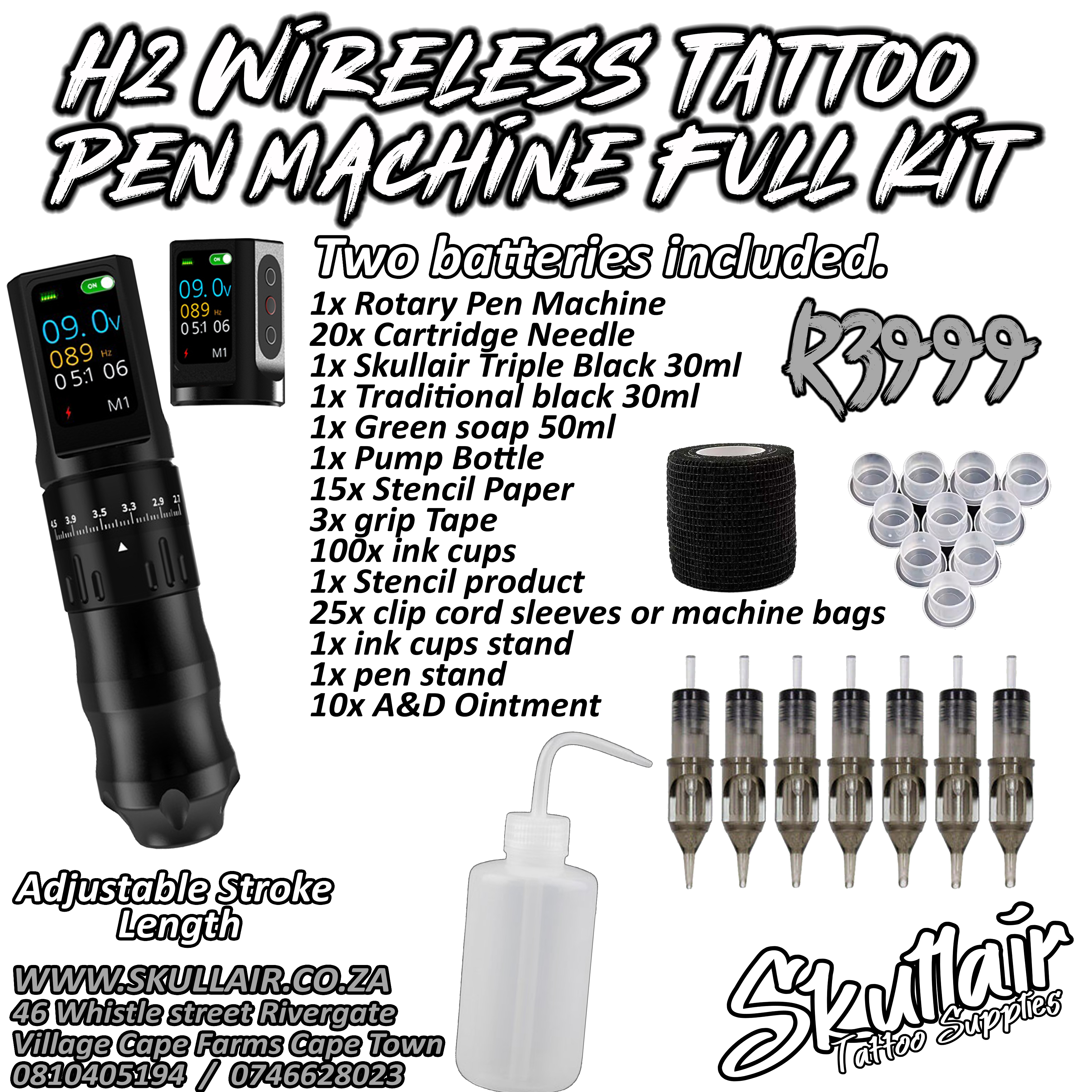 H2 Adjustable Stroke Length Wireless Tattoo Pen Full Kit